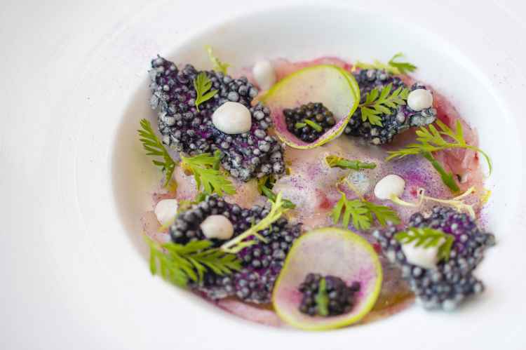 Red prawns Carpaccio, oyster dressing, hybrid caviar_生食西班牙红虾片，生蚝汁，黑鱼子_意味轩.jpg