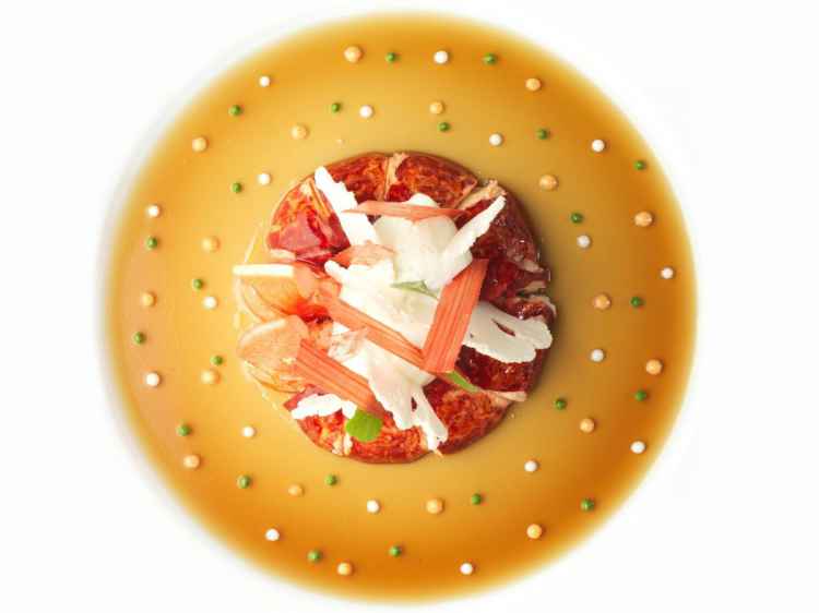 Lobster, rhubarb crisps, tomato gelée, and passion fruit sauce by Bernard Pacaud of L’Ambroisie.jpg