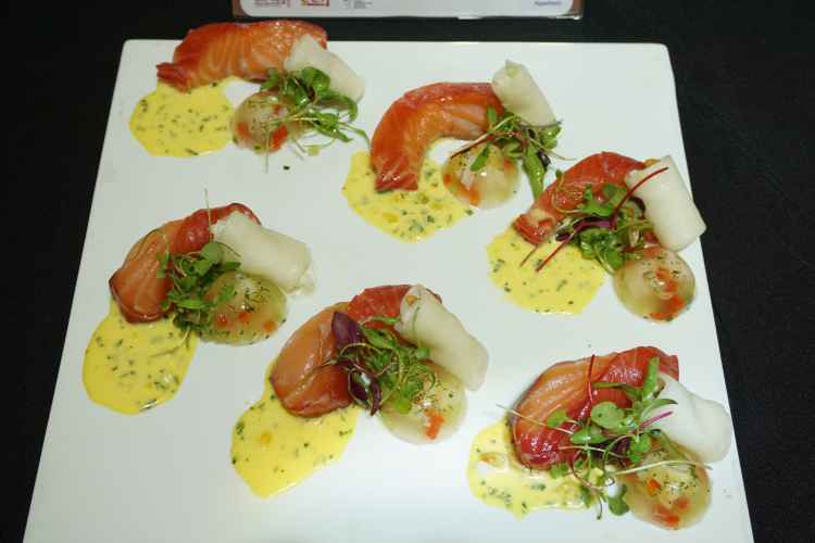 Baby Leaves Salad with Daikon Radish Pickle,Salmon Gravlax with Beetroot,Seafood Jelly,Yuju Emulsion Sauce.JPG