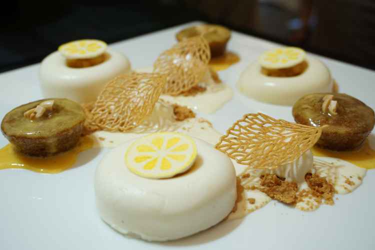 Wallnut Marin Cake,Caramelized Creme with Wallnut  tuille ,Lemon Cheese Mousse ,Apple Compote,Vanilla Ice Cream,Lemon Crumble.JPG