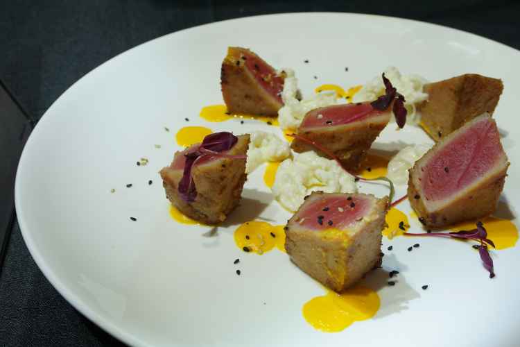 Misoand Grappa Marinated Bluefin Tuna with Carrots and Ginger Sauce, Stracciatella  Cheese.JPG